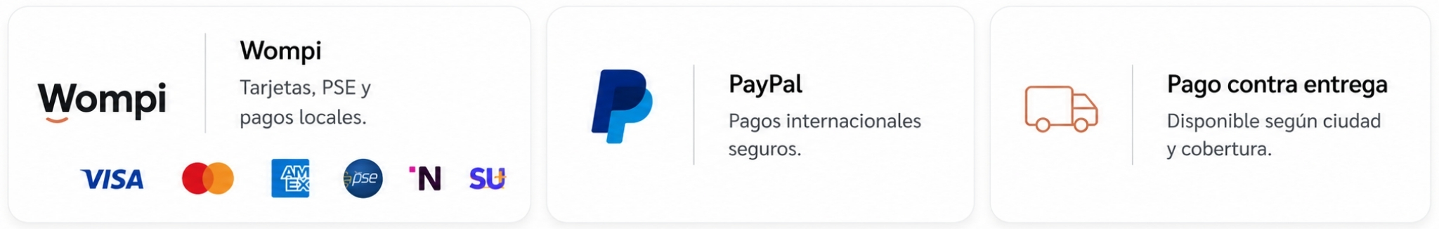 Métodos de pago disponibles en NAXU: Wompi, PayPal y pago contra entrega