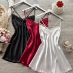 Babydoll Satinado con Encaje para Mujer Camisón Lencero Pijama