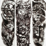Tatuaje Temporal Manga Completa Realista en Tinta Negra Diseños Varios (León, Lobo, Rosas, Fe)