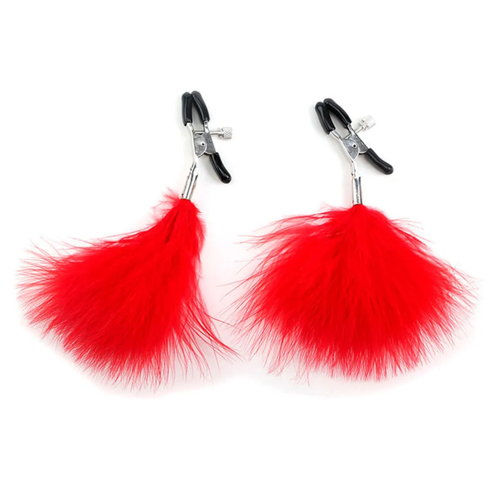 pezcam Pinzas para Pezones Ajustables con Plumas Rojas y Protecciones de Goma Accesorio BDSM Sensorial - Imagen 1