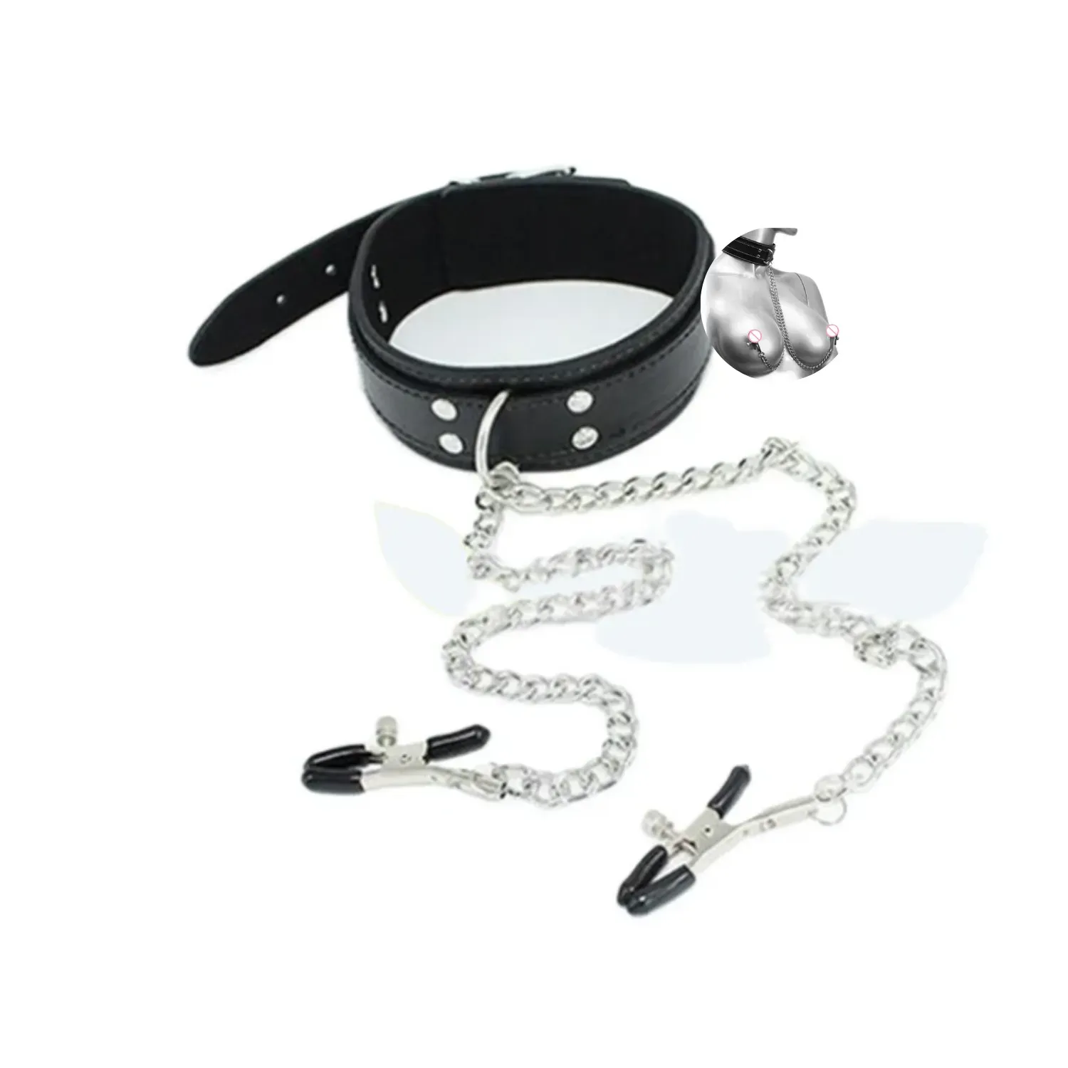 pezcollar Collar de Cuello Sintético con Cadena y Pinzas para Pezones Ajustables Accesorio BDSM de Dominación - Imagen 1
