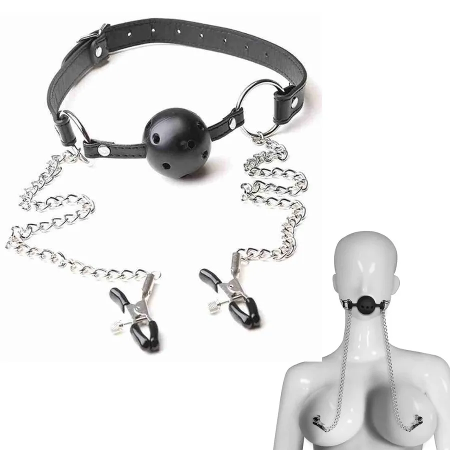 pezmordaza1 Mordaza de Bola Respirable con Cadenas y Pinzas para Pezones Ajustables Conjunto BDSM de Dominación - Imagen 1
