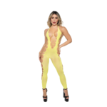 Enterizo Tina Amarillo de Malla con Aberturas Laterales y Escote Halter